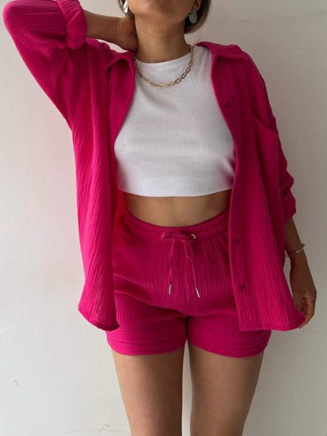 Texture Button Up Shirt and Drawstring Shorts Set - Trendsi - Flyclothing LLC