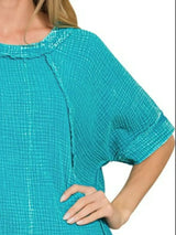 Zenana Washed Double Gauze Exposed Seam Short Sleeve Top - Trendsi - Flyclothing LLC