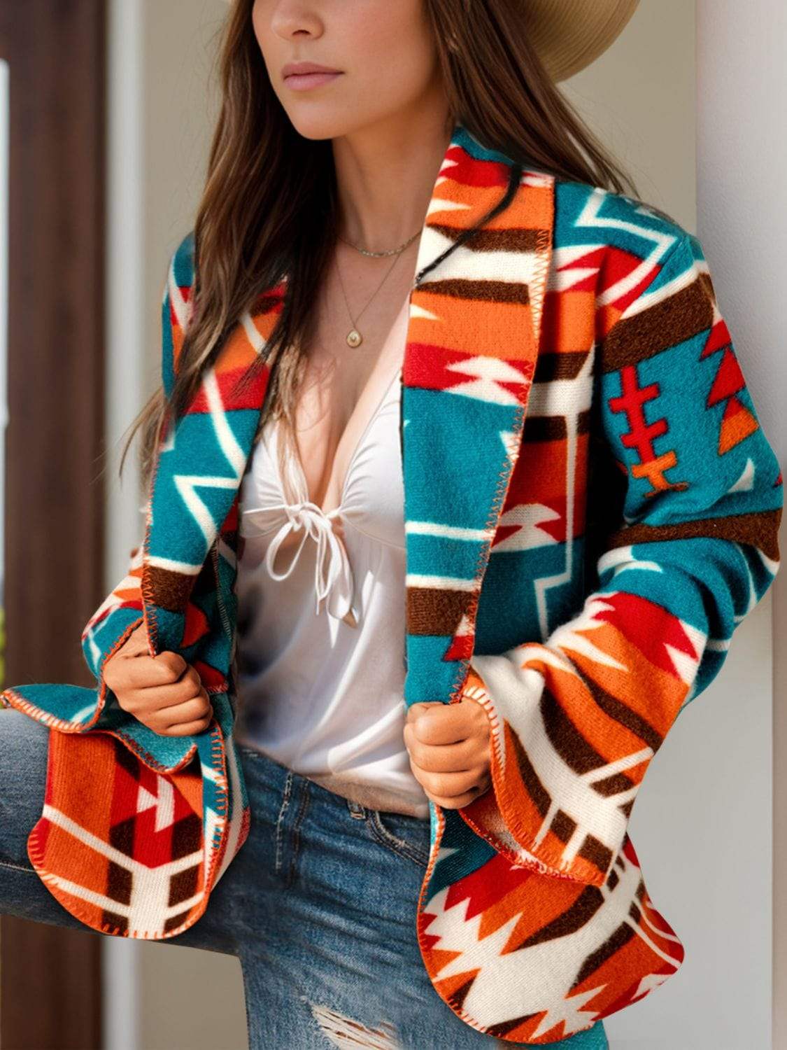 Collared Neck Long Sleeve Jacket - Trendsi - Flyclothing LLC