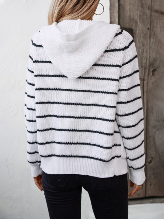 Striped Button Up Long Sleeve Hooded Cardigan - Trendsi