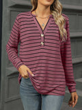 Striped Henley T-Shirt with Button Detail - Trendsi - Flyclothing LLC