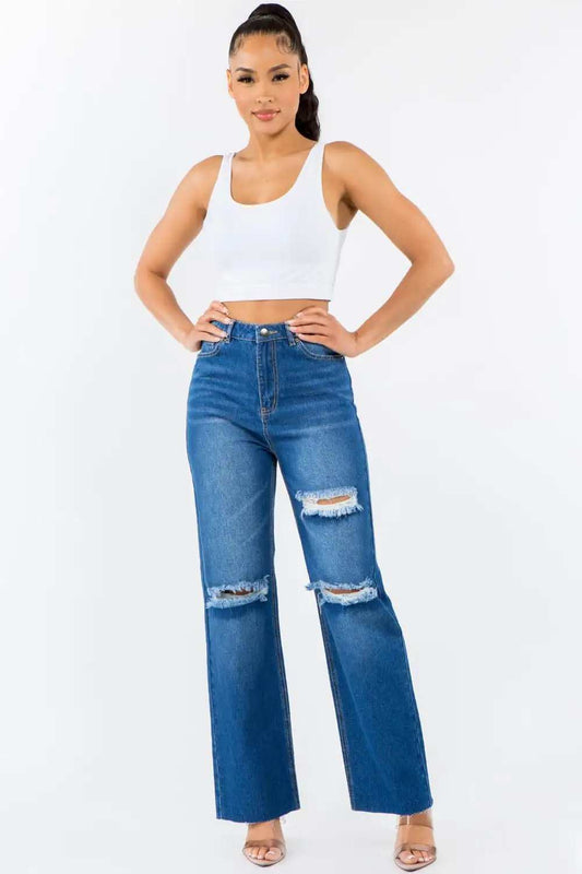 American Bazi High Waist Distressed Wide Leg Jeans - Trendsi - Flyclothing LLC