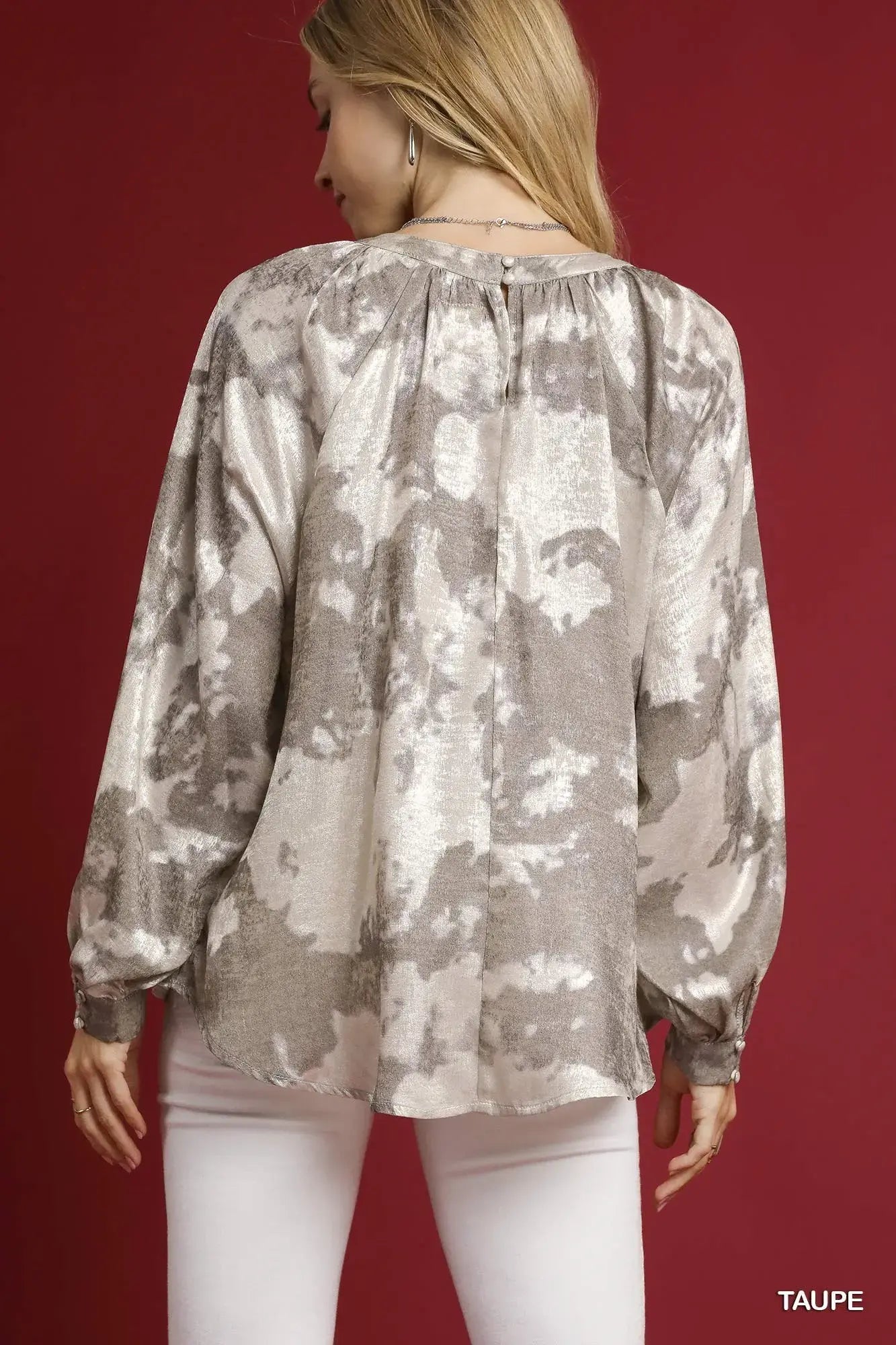 Umgee Full Size Metallic Fabric Blouse with Balloon Sleeves Plus Size - Trendsi - Flyclothing LLC