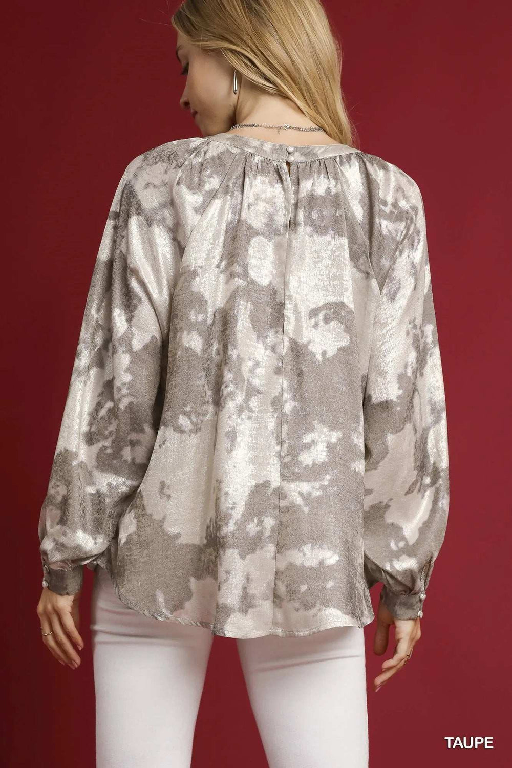 Umgee Full Size Metallic Fabric Blouse with Balloon Sleeves Plus Size - Trendsi - Flyclothing LLC