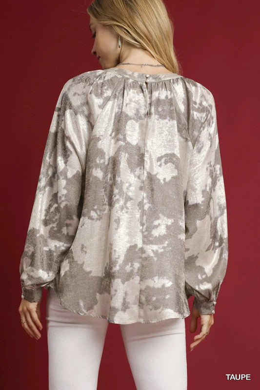 Umgee Full Size Metallic Fabric Blouse with Balloon Sleeves Plus Size - Trendsi - Flyclothing LLC