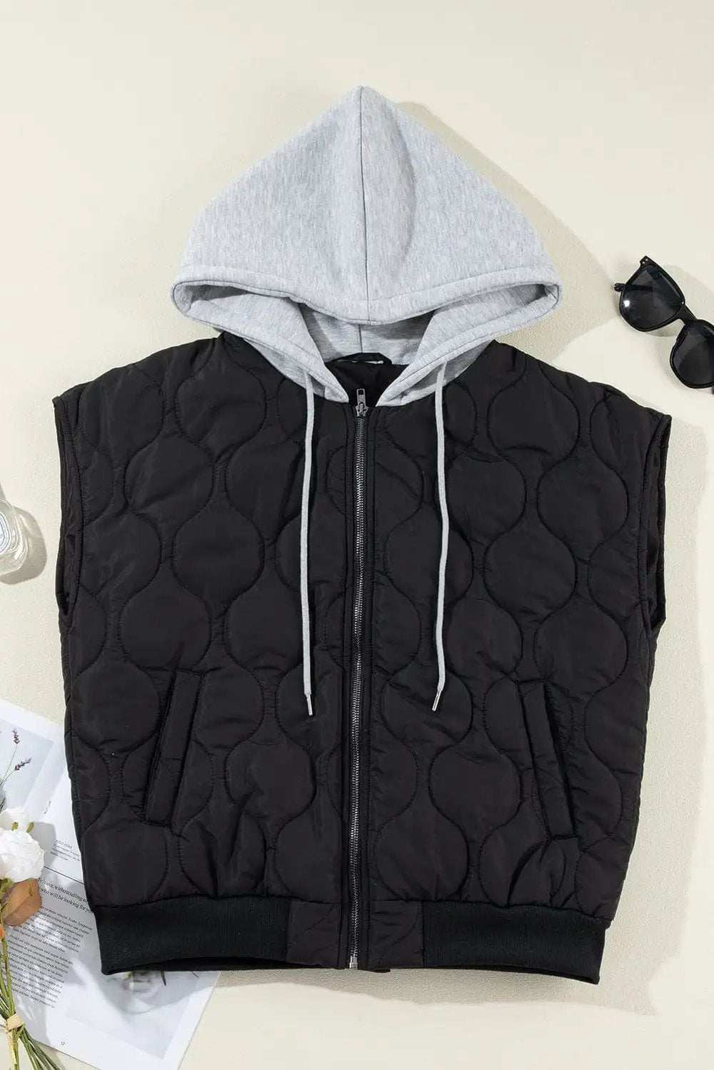 Drawstring Zip Up Hooded Vest Coat - Trendsi - Flyclothing LLC