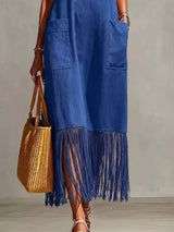 Full Size Fringe V-Neck Spaghetti Strap Dress Plus Size - Trendsi - Flyclothing LLC
