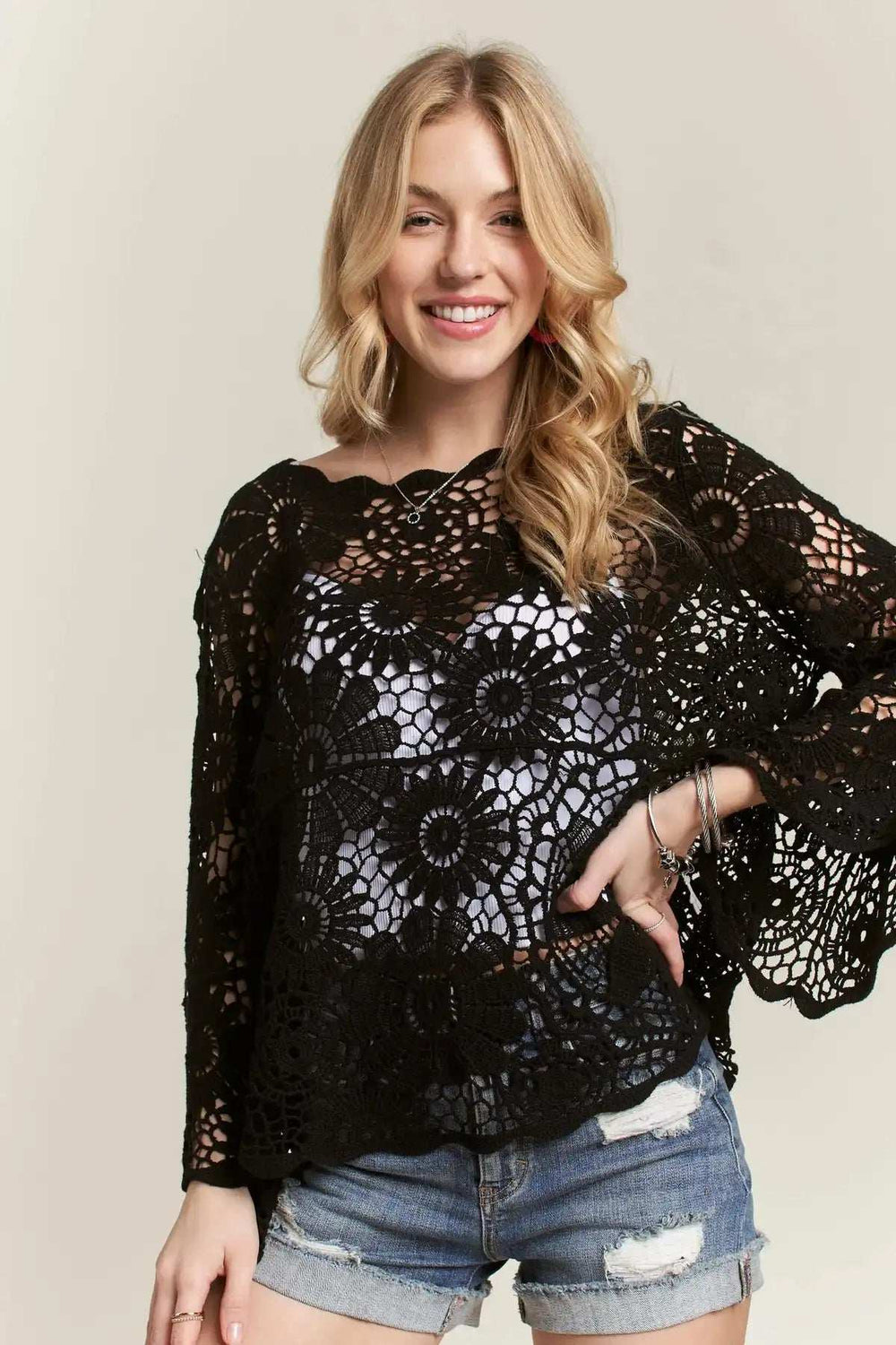 ADORA Bell Sleeve Crochet Top - Trendsi - Flyclothing LLC