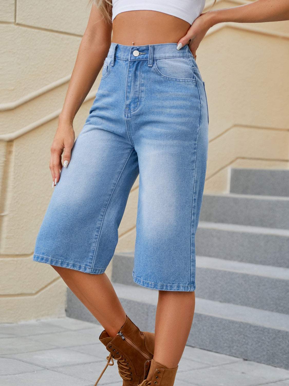 High Waist Denim Shorts with Pockets - Trendsi - Flyclothing LLC
