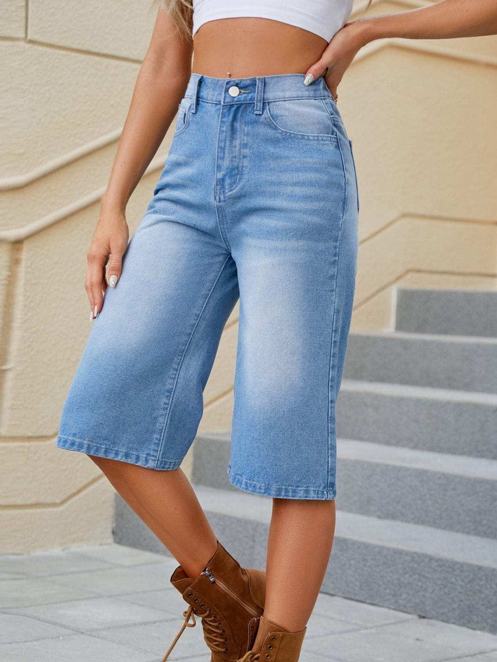 High Waist Denim Shorts with Pockets - Trendsi - Flyclothing LLC