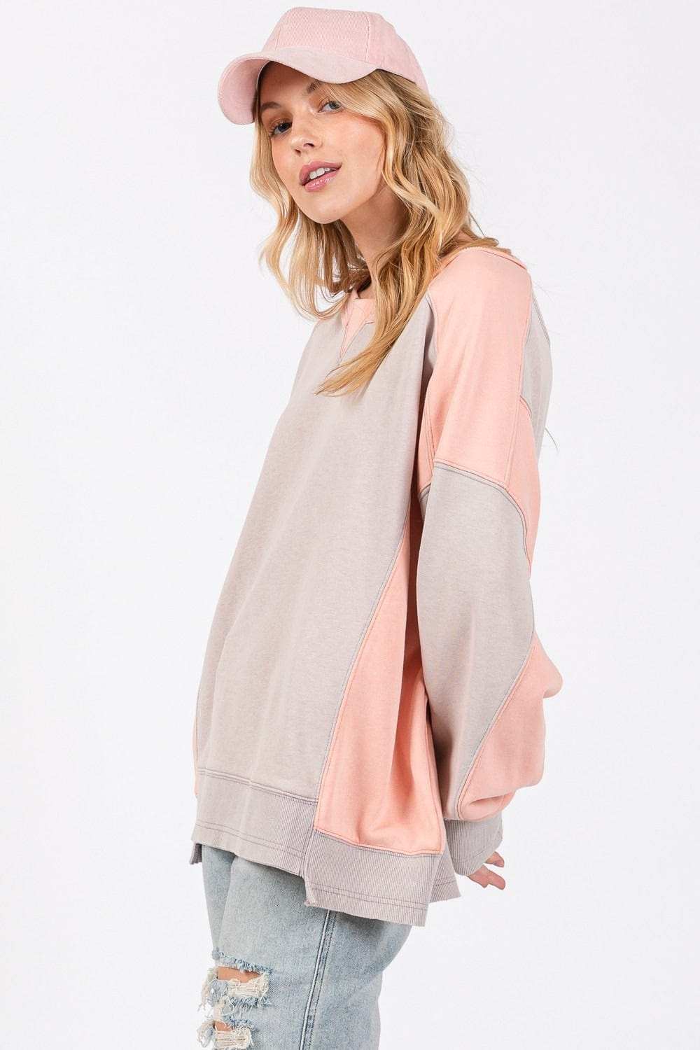 SAGE + FIG Color Block Round Neck Sweatshirt - Trendsi - Flyclothing LLC