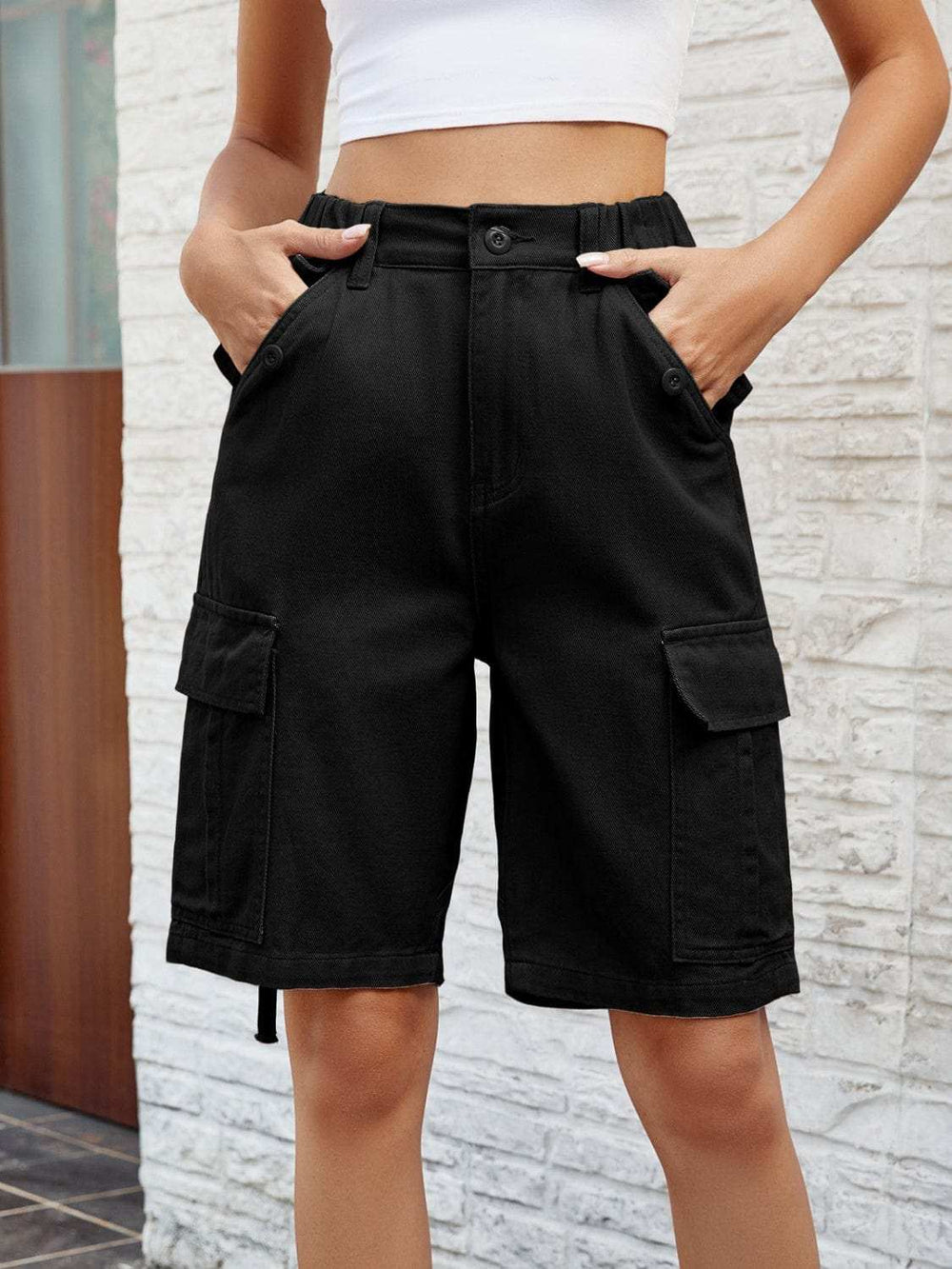 High Waist Denim Shorts with Pockets - Trendsi - Flyclothing LLC