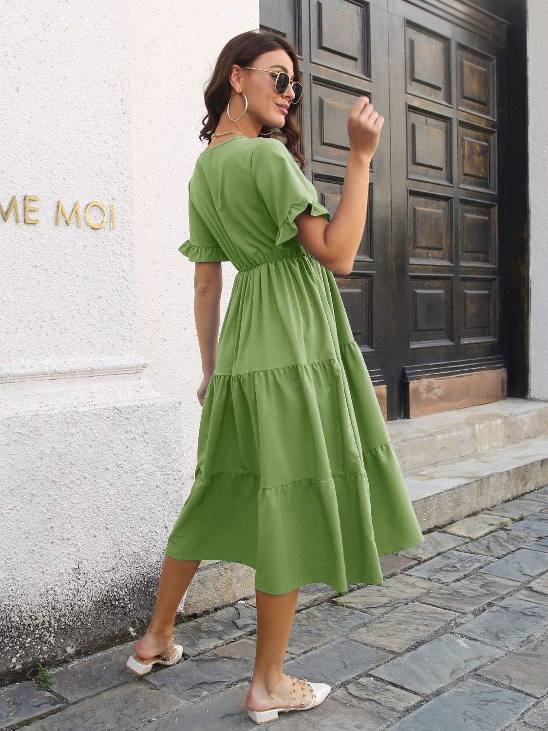 V-Neck Short Sleeve Midi Dress - Trendsi - Flyclothing LLC
