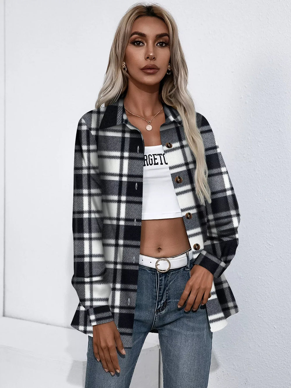 Plaid Button-Up Jacket - Trendsi - Flyclothing LLC