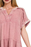 Zenana Washed Double Gauze Raw Edge V-Neck Dress - Trendsi