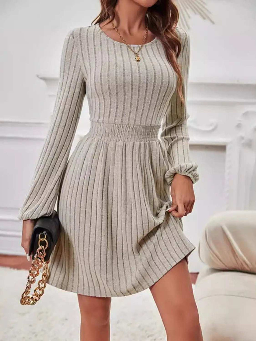 Smocked Round Neck Long Sleeve Knee Length Dress - Trendsi - Flyclothing LLC