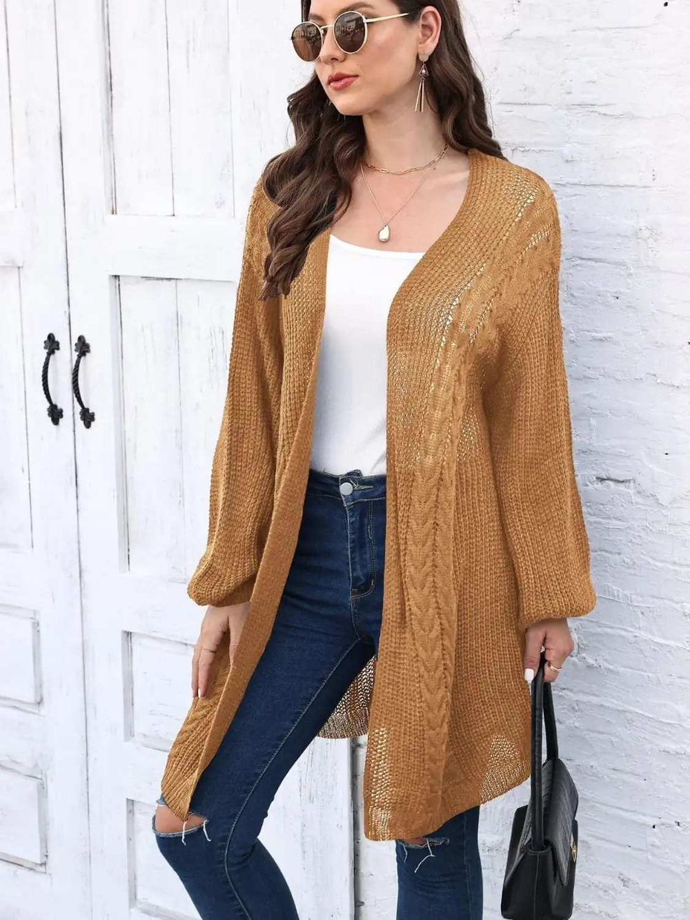 Cable-Knit Open Front Long Sleeve Cardigan - Trendsi - Flyclothing LLC