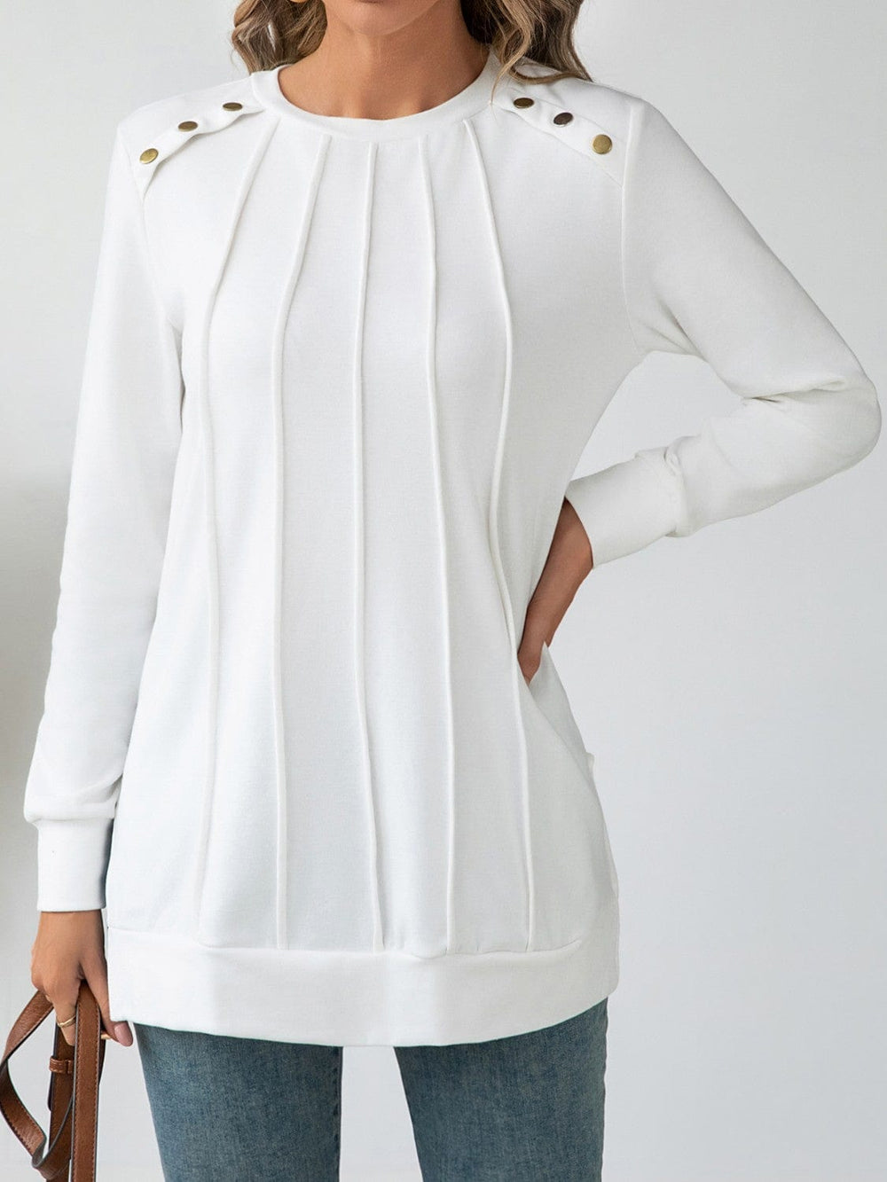 Side Slit Round Neck Long Sleeve Blouse - Trendsi