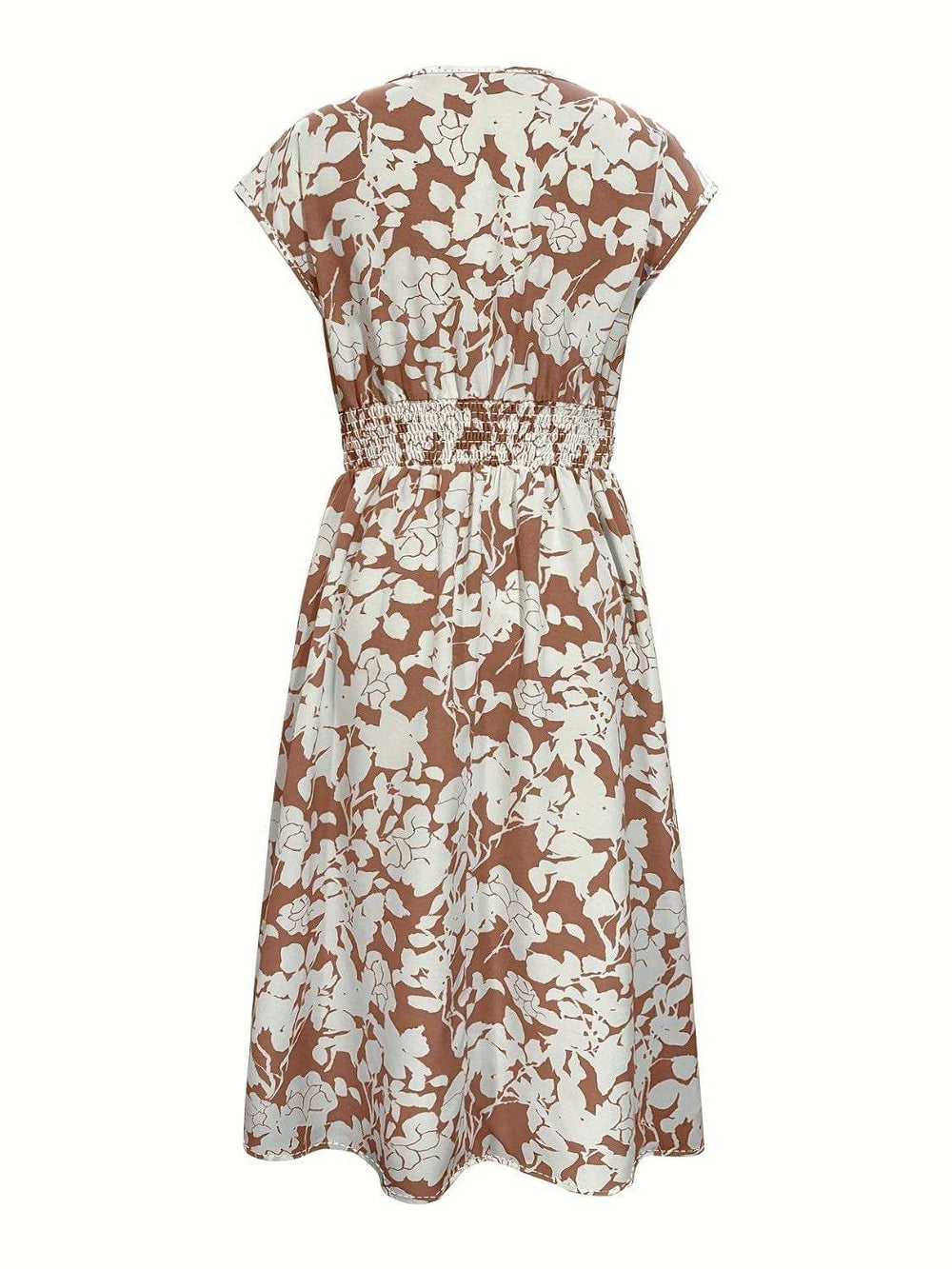 Printed V-Neck Cap Sleeve Midi Dress - Trendsi - Flyclothing LLC