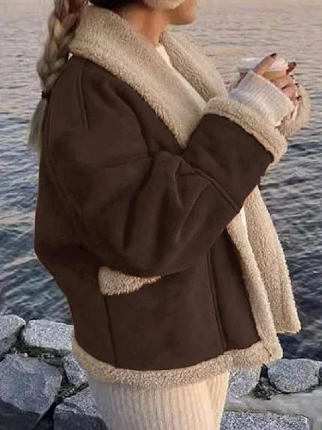 Fuzzy Collared Neck Long Sleeve Jacket - Trendsi - Flyclothing LLC
