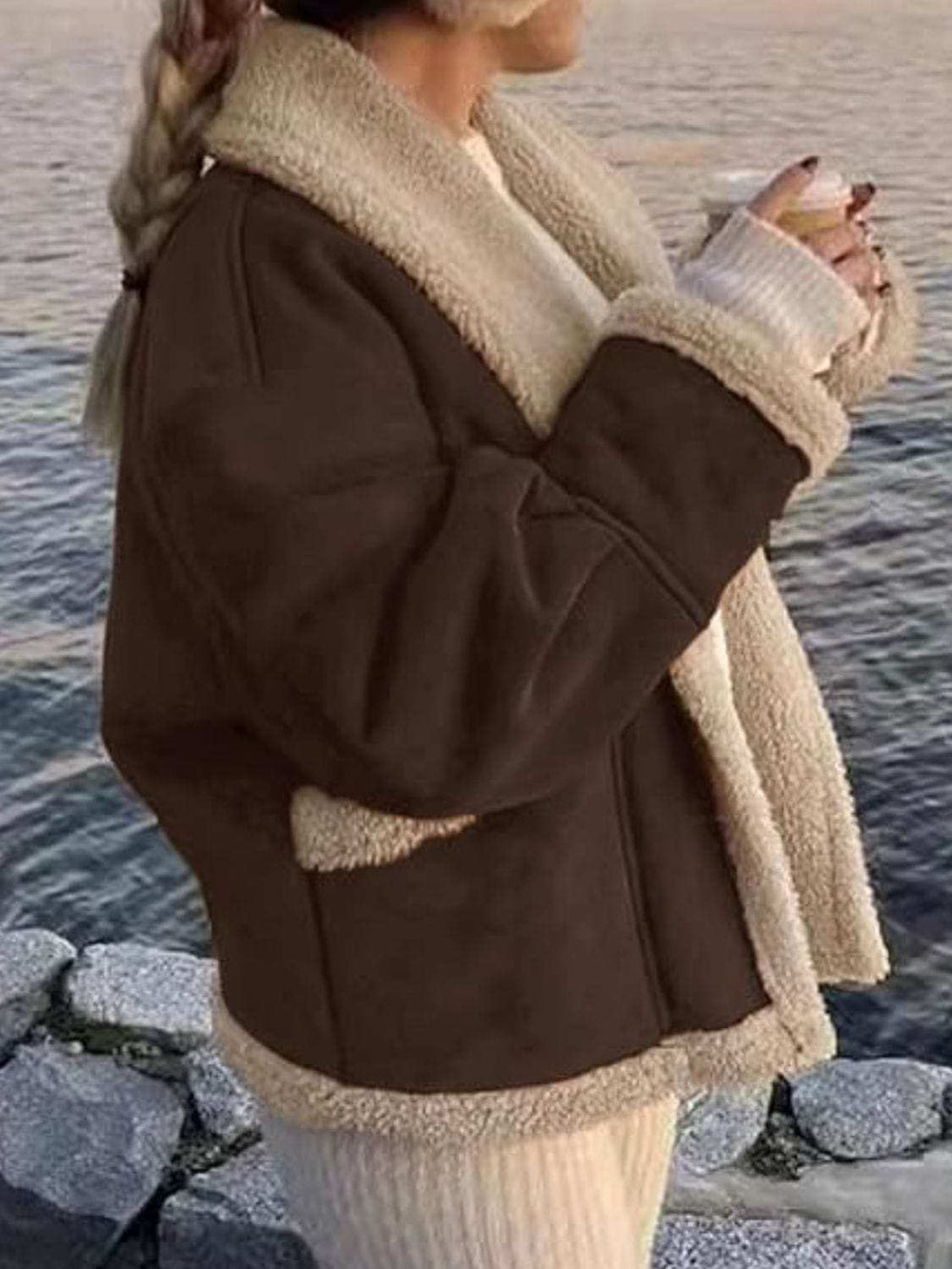 Fuzzy Collared Neck Long Sleeve Jacket - Trendsi - Flyclothing LLC