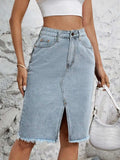 Raw Hem Slit Denim Skirt - Trendsi - Flyclothing LLC