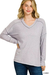Zenana Soft Melange Hacci Exposed Seam Hi-low Tee - Trendsi - Flyclothing LLC