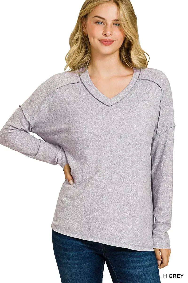 Zenana Soft Melange Hacci Exposed Seam Hi-low Tee - Trendsi - Flyclothing LLC