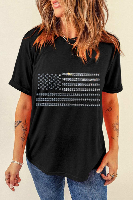 Rhinestone US Flag Round Neck Short Sleeve T-Shirt - Trendsi - Flyclothing LLC