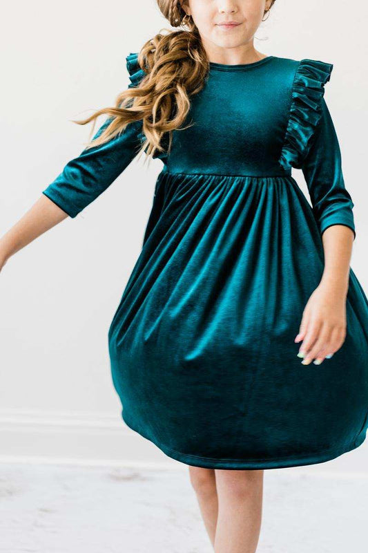 Teal Velvet Ruffle Twirl Dress - Mila & Rose ® - Flyclothing LLC