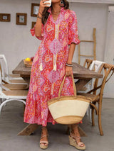 Printed Tie Neck Flounce Sleeve Midi Dress - Trendsi - Flyclothing LLC