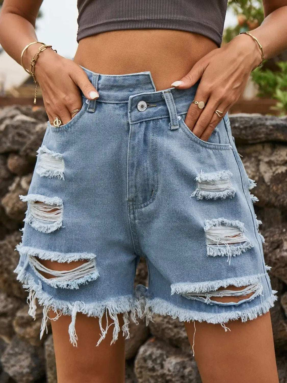 Distressed Raw Hem Denim Shorts - Trendsi - Flyclothing LLC