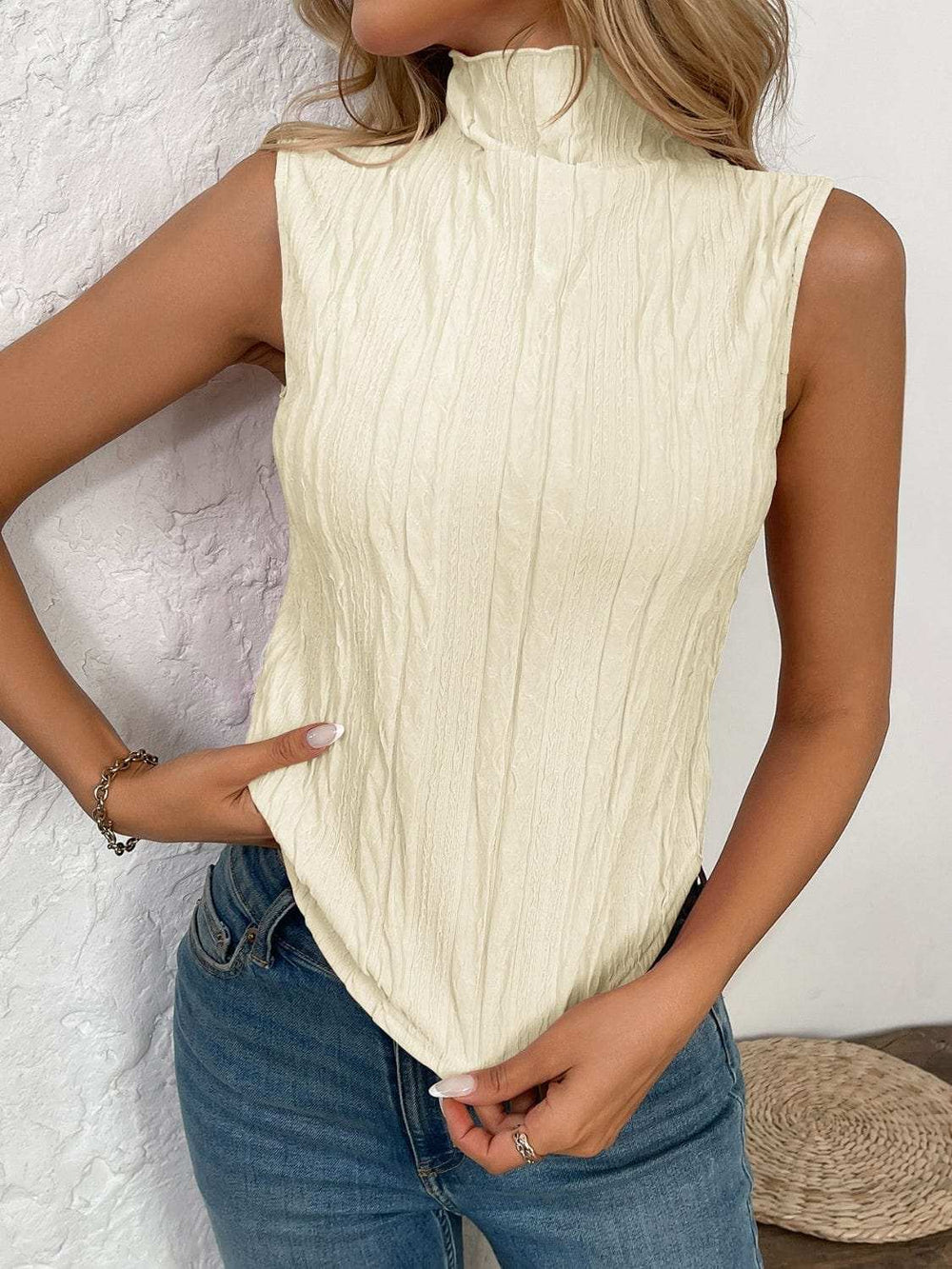 Texture Turtleneck Sleeveless Top - Trendsi - Flyclothing LLC