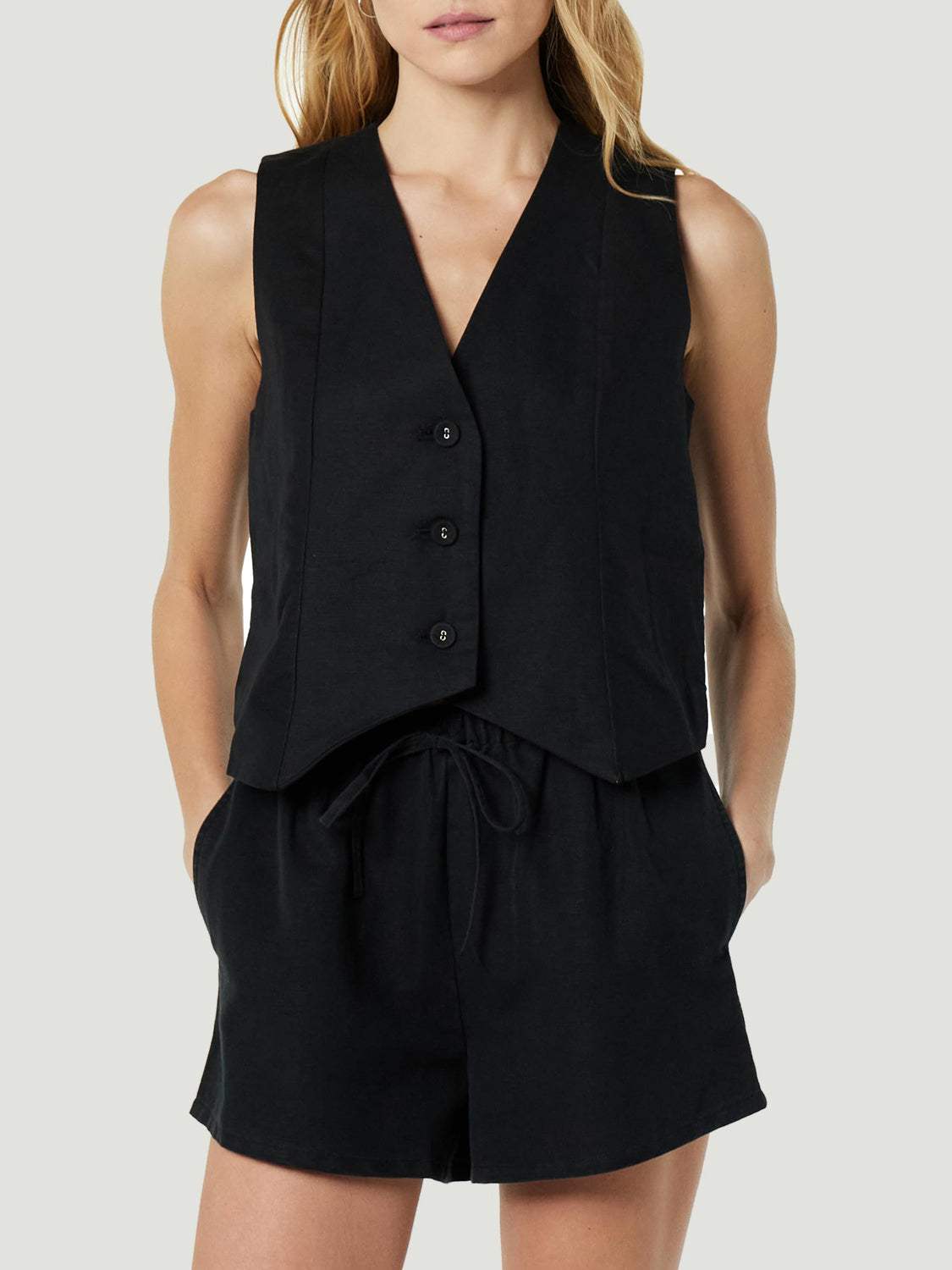 Button Up V-Neck Top and Pocketed Shorts Set - Trendsi - Flyclothing LLC