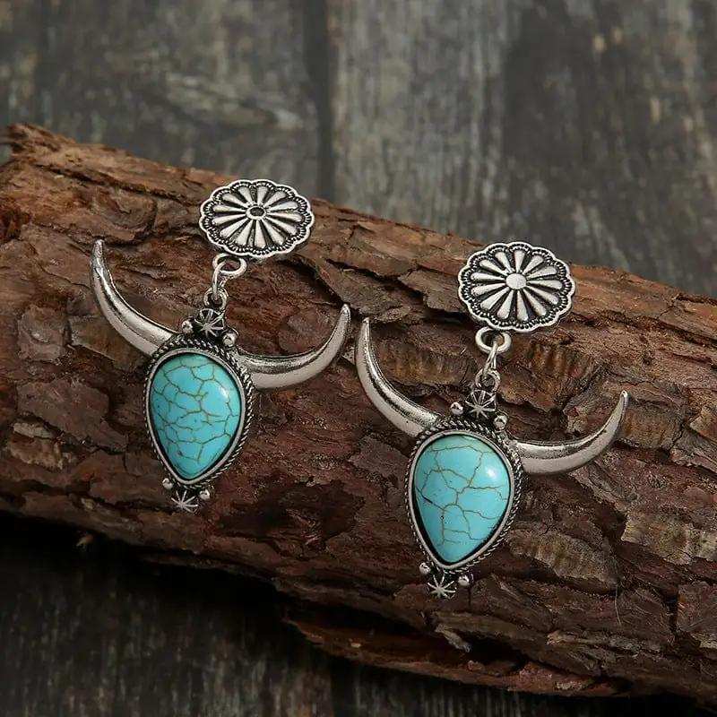 Artificial Turquoise Alloy Cow Head Earrings - Trendsi - Flyclothing LLC