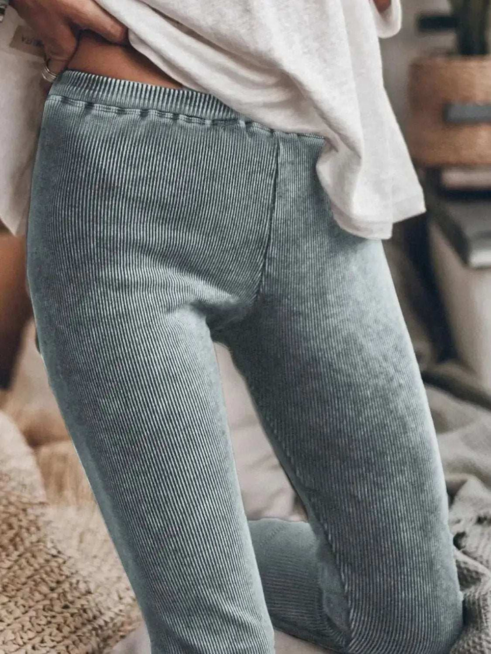Ribbed Elastic Waist Leggings - Trendsi - Flyclothing LLC