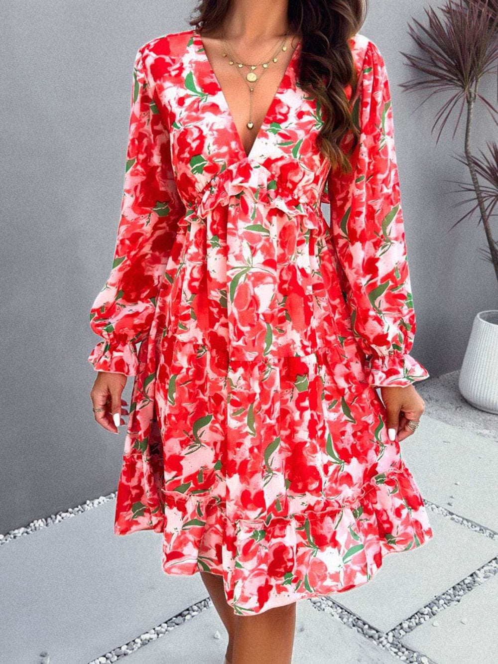 Backless Printed V-Neck Flounce Sleeve Dress - Trendsi - Flyclothing LLC