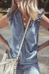 Frilly Ruffle Trim V Neck Chambray Tank - Trendsi - Flyclothing LLC