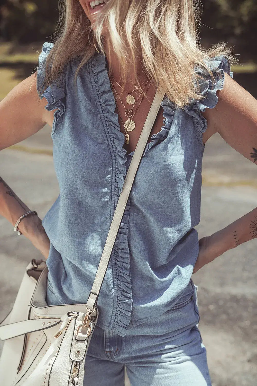 Frilly Ruffle Trim V Neck Chambray Tank - Trendsi - Flyclothing LLC
