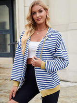 Drawstring Striped Zip Up Long Sleeve Hoodie - Trendsi - Flyclothing LLC