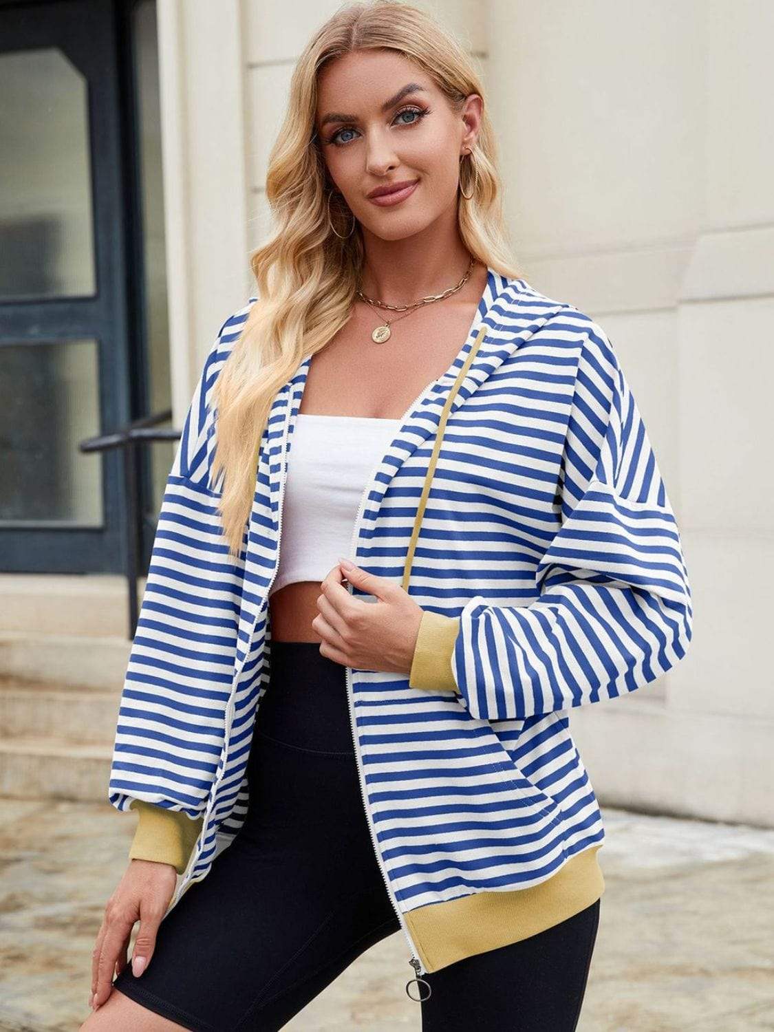 Drawstring Striped Zip Up Long Sleeve Hoodie - Trendsi - Flyclothing LLC