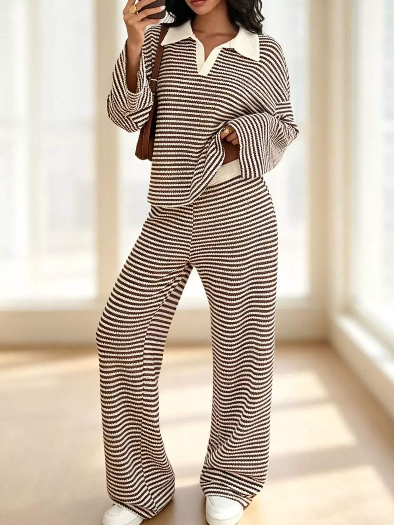 Striped Long Sleeve Polo and Wide-Leg Pants Set - Trendsi - Flyclothing LLC