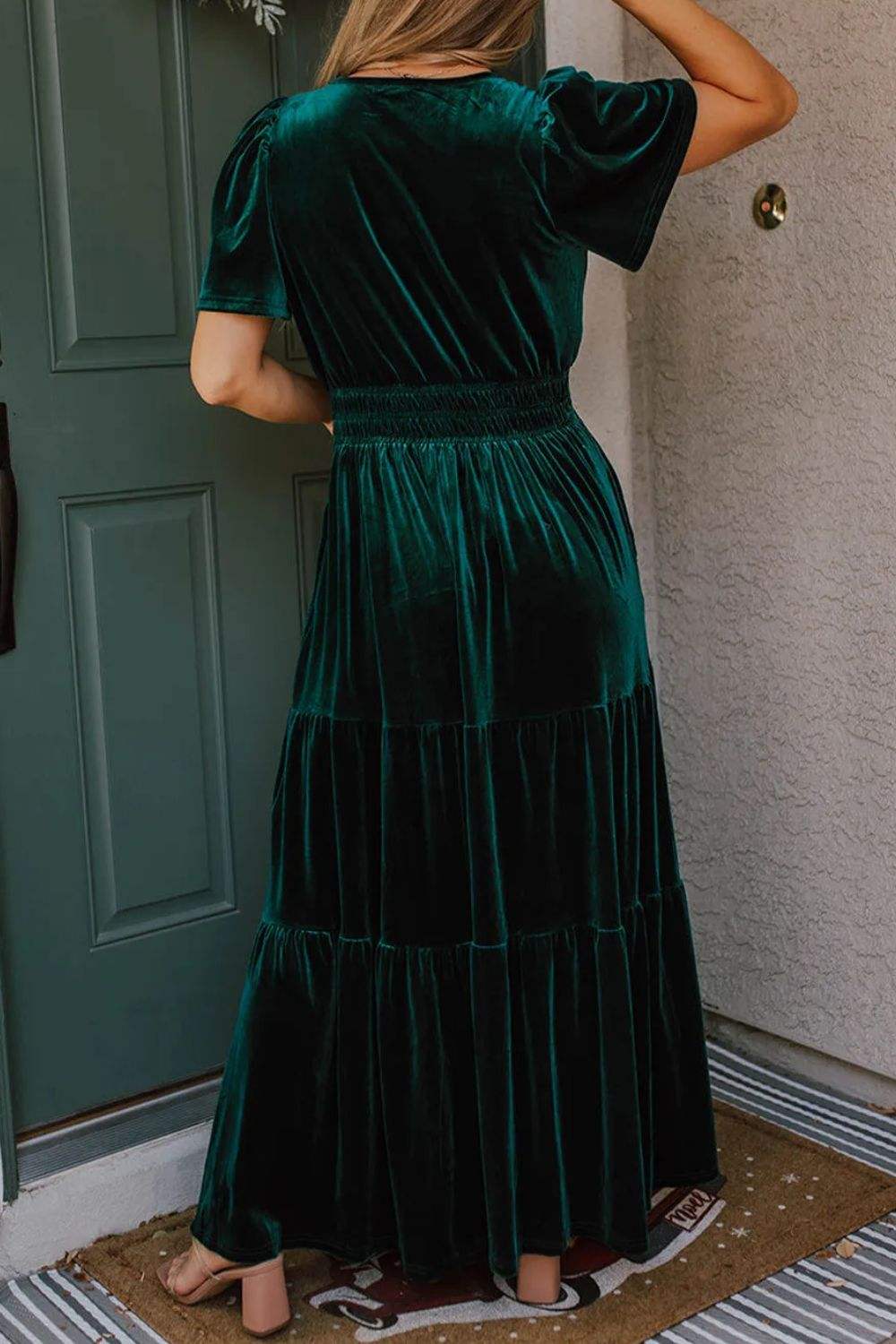 Tiered Notched Short Sleeve Dress with Pockets - Trendsi - Flyclothing LLC