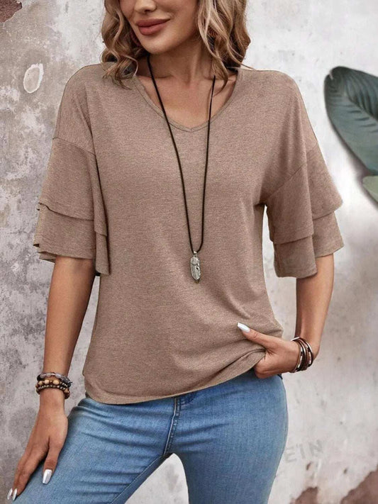 V-Neck Half Sleeve Blouse - Trendsi - Flyclothing LLC