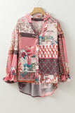 Patchwork Printed Notched Flounce Sleeve Shirt - Trendsi