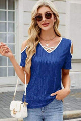 Sequin Cold Shoulder Short Sleeve Blouse - Trendsi - Flyclothing LLC