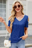 Sequin Cold Shoulder Short Sleeve Blouse - Trendsi