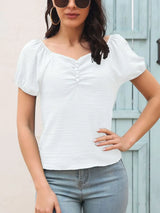 Ruched Decor Button V-Neck Short Sleeve Blouse - Trendsi - Flyclothing LLC
