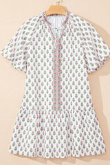 Floral Print Puff Sleeve Tie Neck Ruffled Hem Dress - Trendsi - Flyclothing LLC