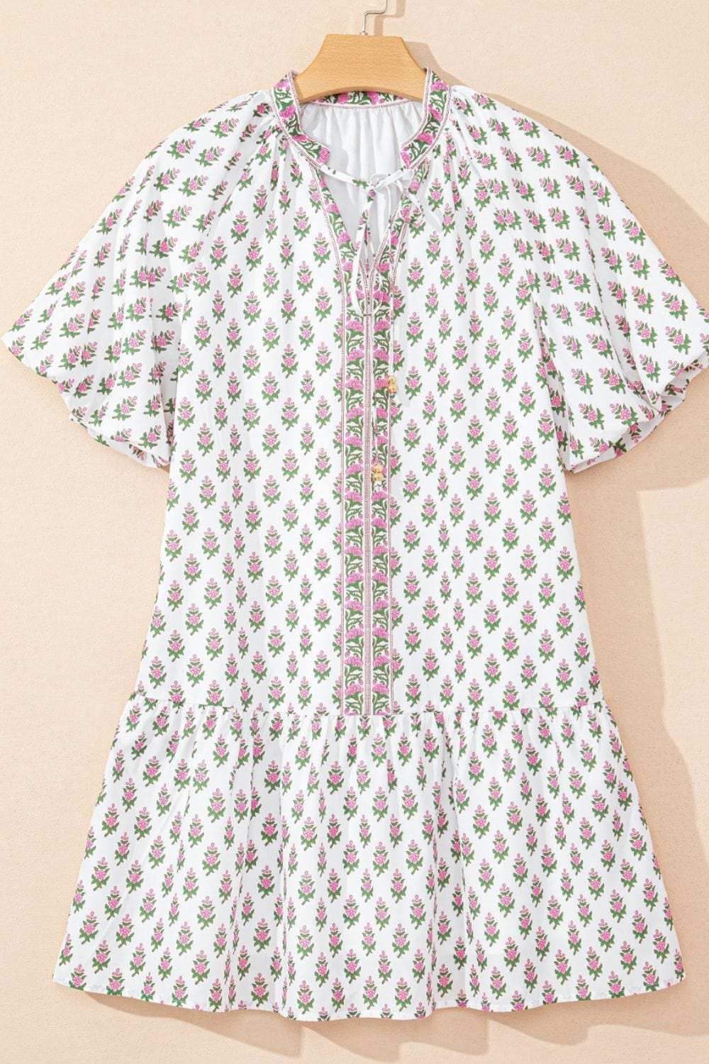 Floral Print Puff Sleeve Tie Neck Ruffled Hem Dress - Trendsi - Flyclothing LLC